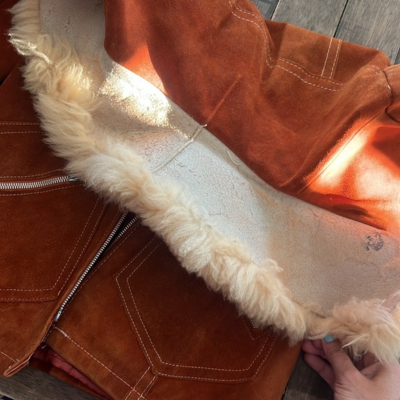 Vintage 1970s Brown Suede Leather Fur Lined Penny Lane Jacket XS - Picture 15 of 17